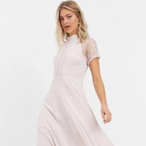 Liquorish a line lace detail midi dress in mink